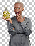 Black woman, pineapple and wow with detox, weight loss and health food for vitamin c. African female person, fruits and tropical diet secret of a model ??isolated on a transparent, png background