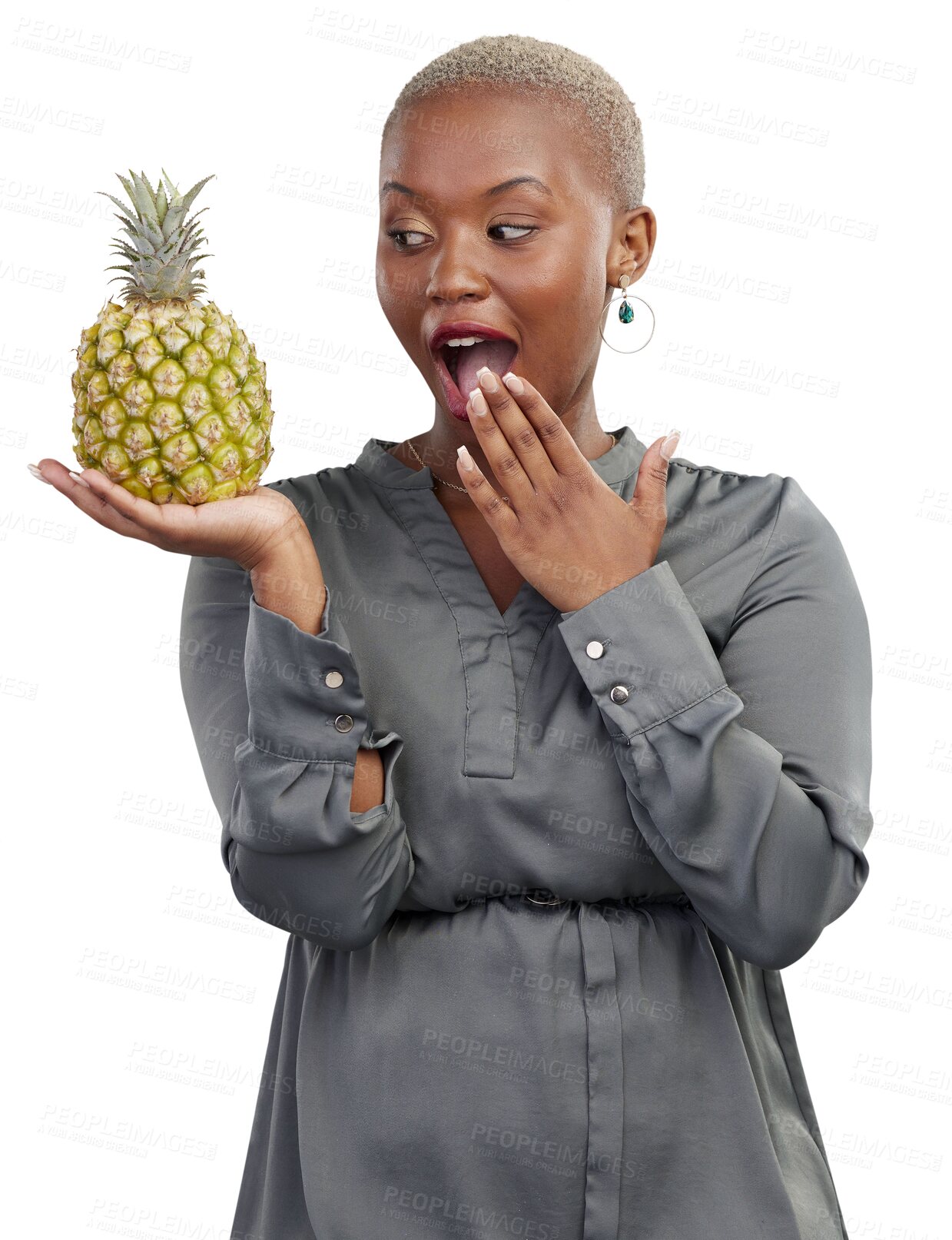 Buy stock photo Black woman, pineapple and wow with detox, weight loss and health food for vitamin c. African female person, fruits and tropical diet secret of a model isolated on a transparent, png background