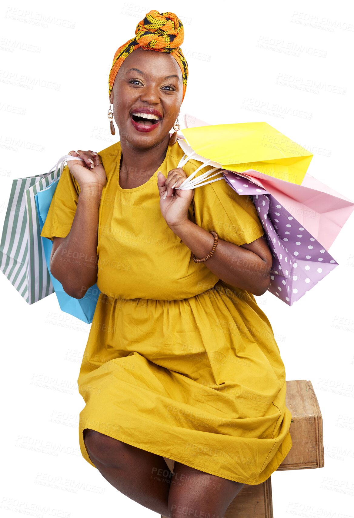 Buy stock photo Retail, shopping bag and smile with portrait of black woman on png for fashion, boutique and sale. Luxury, store and happy with female customer isolated on transparent background for discount