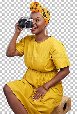 Photography, retro and smile with black woman and camera on png for creative, fashion and picture. Happy, vintage and style with female photographer isolated on transparent background for memory