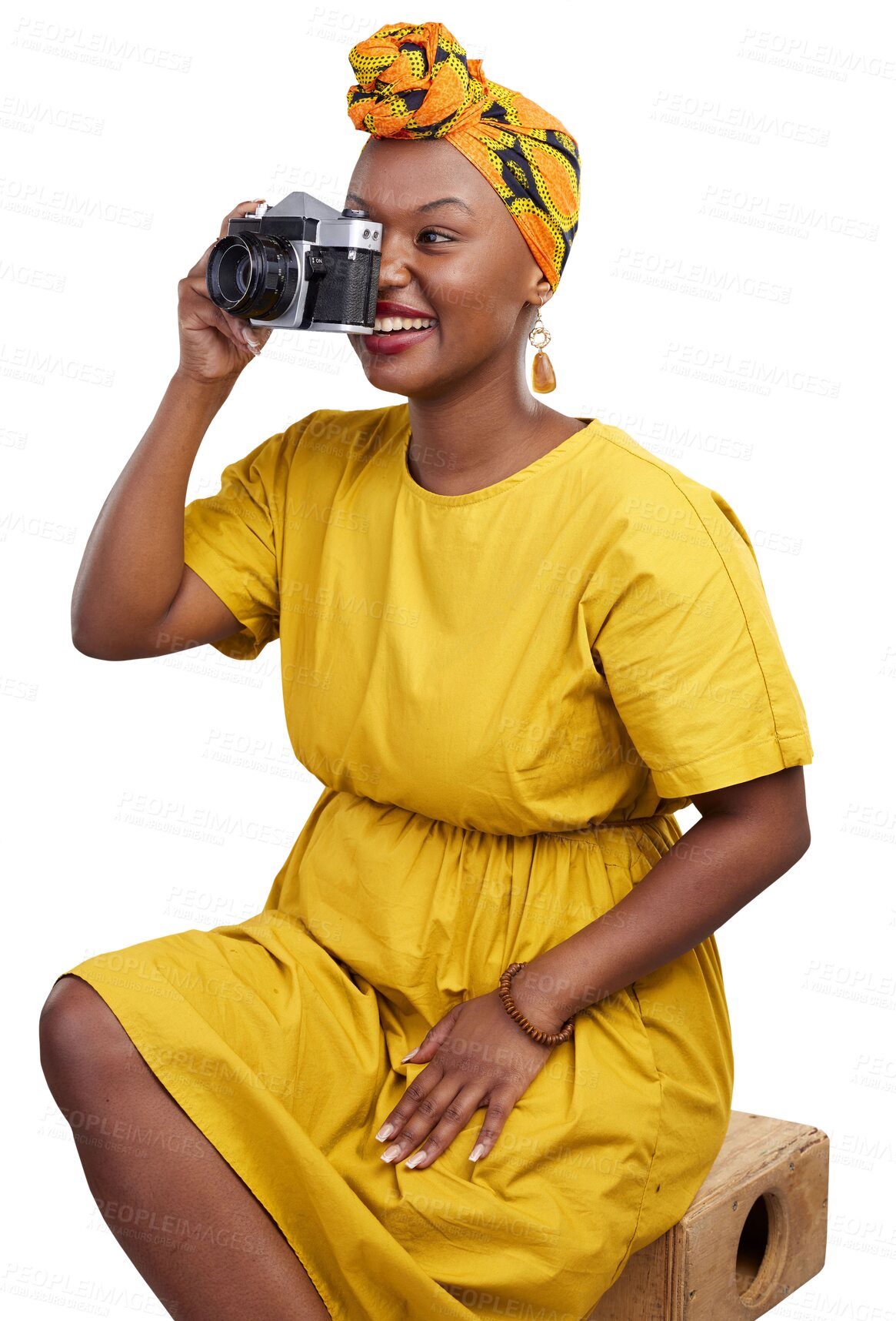 Buy stock photo Photography, retro and smile with black woman and camera on png for creative, fashion and picture. Happy, vintage and style with female photographer isolated on transparent background for memory