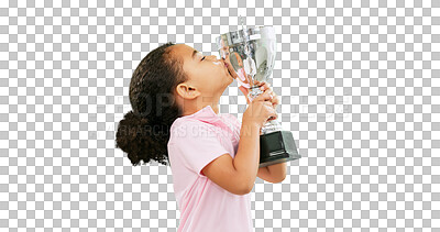 Celebration, win and face of child with trophy isolated on a green screen studio background. Excited, success and portrait of a girl kissing an award for sports, achievement and champion with mockup