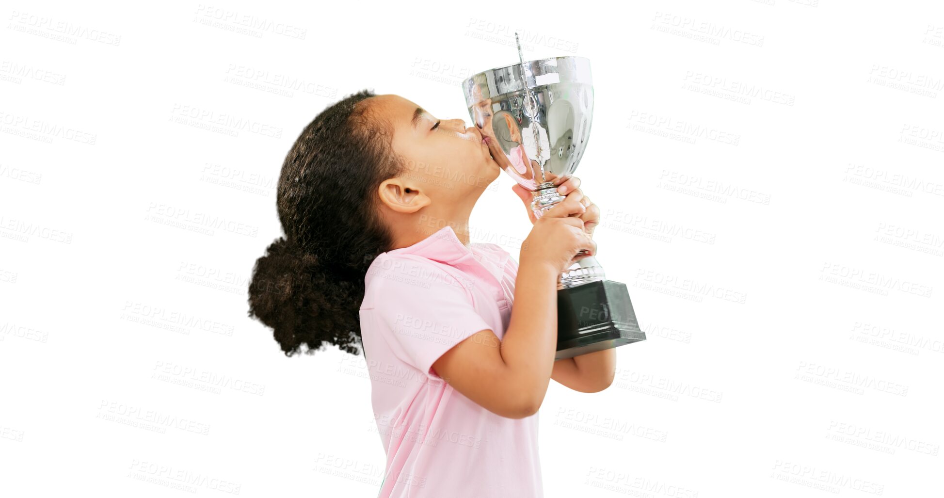 Buy stock photo Celebration, win and girl child kissing trophy in winning or champion isolated on a transparent PNG background. Excited kid in success for sports achievement, victory or tournament award and prize