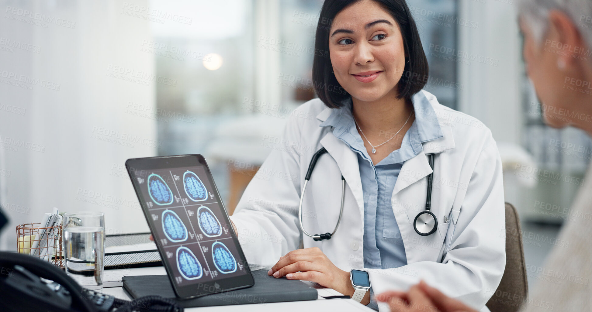 Buy stock photo Tablet, brain x ray or senior patient with doctor, medical results or consultation for advice on diagnosis. Neurology, anatomy info or radiology, women talking in office for surgery or healthcare