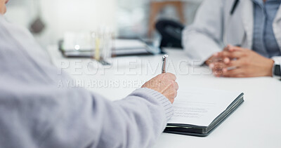 Medical paperwork, health insurance and hands, signature and patient with doctor in office. Healthcare, policy documents and compliance, people at hospital with consent form for surgery and contract