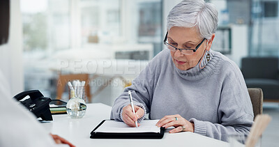 Buy stock photo Patient, senior or signature for health insurance, contract or history record on hospital paperwork. Checklist, consulting or elderly lady writing on documents for prescription or medical information