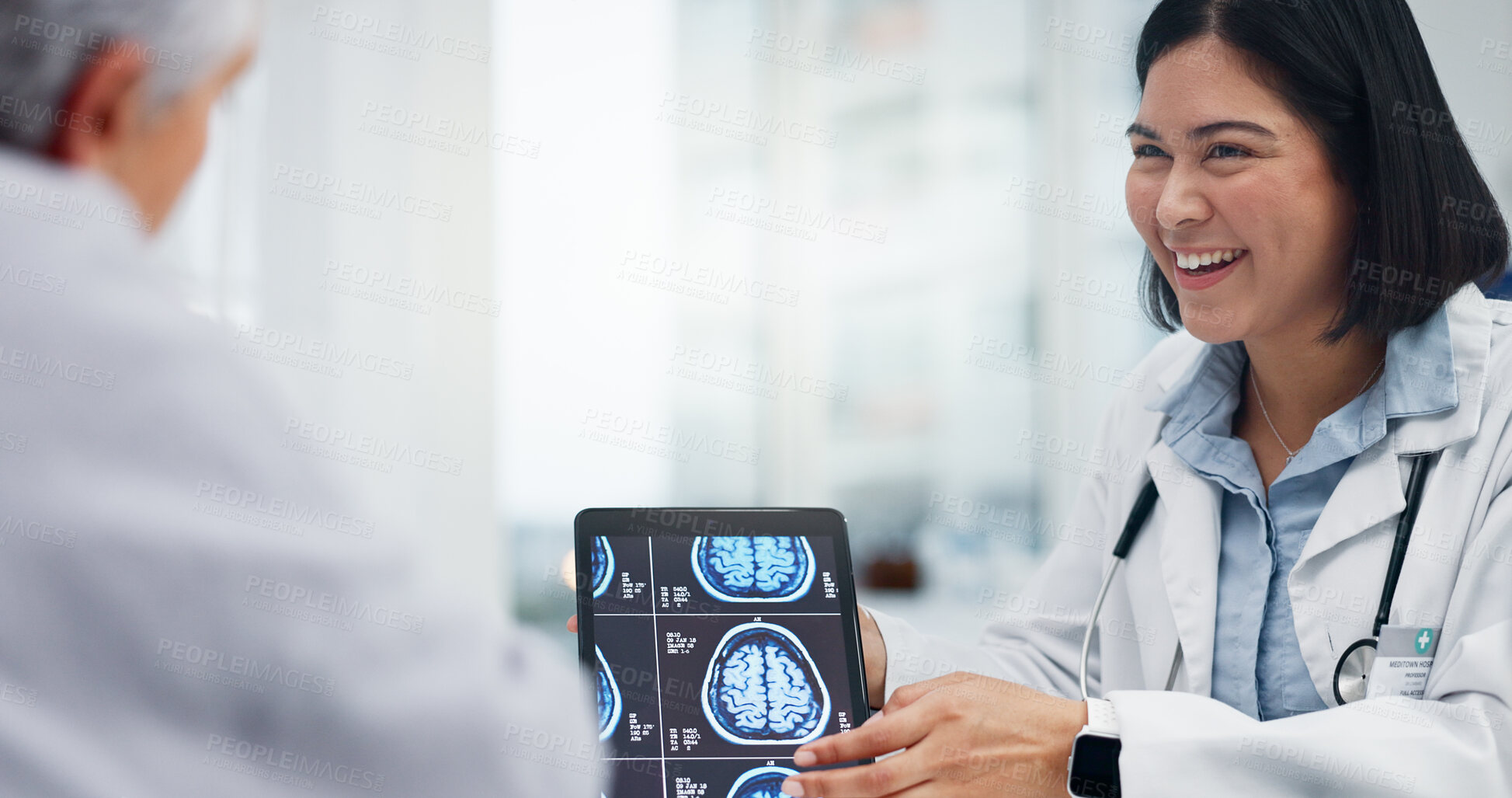 Buy stock photo Tablet, brain mri or patient with happy doctor, medical results or consultation for advice on diagnosis. Neurology, anatomy info or surgeon in office talking or speaking of radiology or healthcare