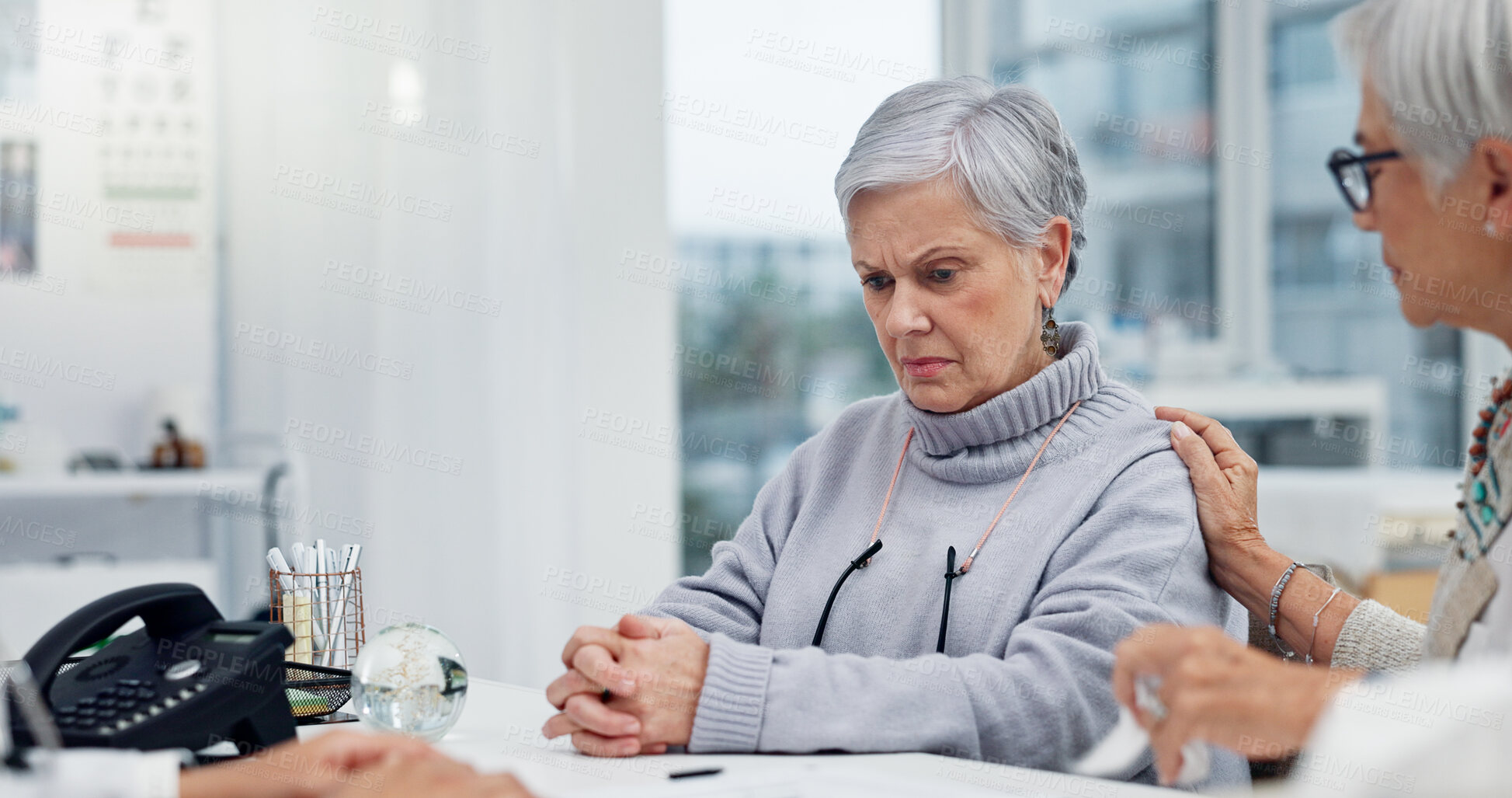 Buy stock photo Support, cancer or bad news with a senior woman or friend for talking to doctor in hospital consultation. Medical results, anxiety or sad elderly patient with depression or mature person for empathy