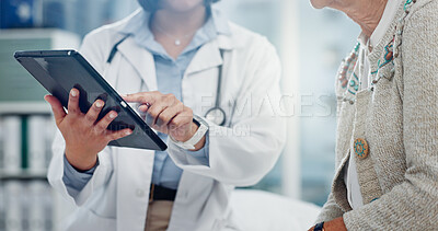 Tablet, doctor hands and people for healthcare information, test results and support or helping. Typing, search and medical professional with patient charts on digital technology for clinic services