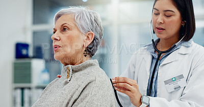 Senior woman, doctor and stethoscope for breathing on back to listen for lung problem. Elderly, medical professional and person with cardiology tools for exam, consultation or healthcare in hospital