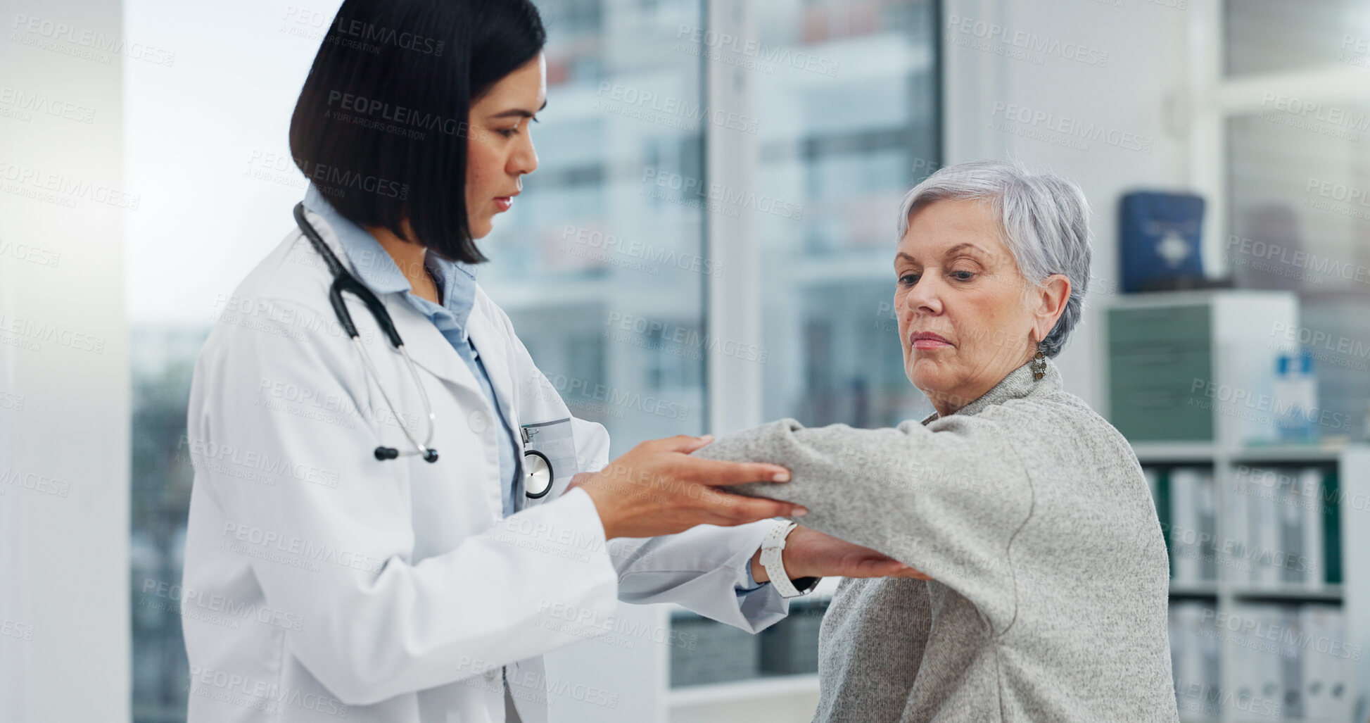 Buy stock photo Senior woman, doctor and shoulder pain with physiotherapy for support, help and healthcare. Elderly, medical professional or person in rehabilitation for physical therapy, wellness and stretching arm
