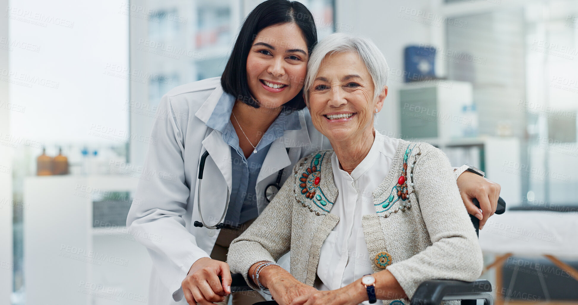 Buy stock photo Senior happy woman, doctor and portrait patient, client or person with disability for healthcare, medical support or rehabilitation. Hospital help, wellness nurse and medicine expert for elderly care