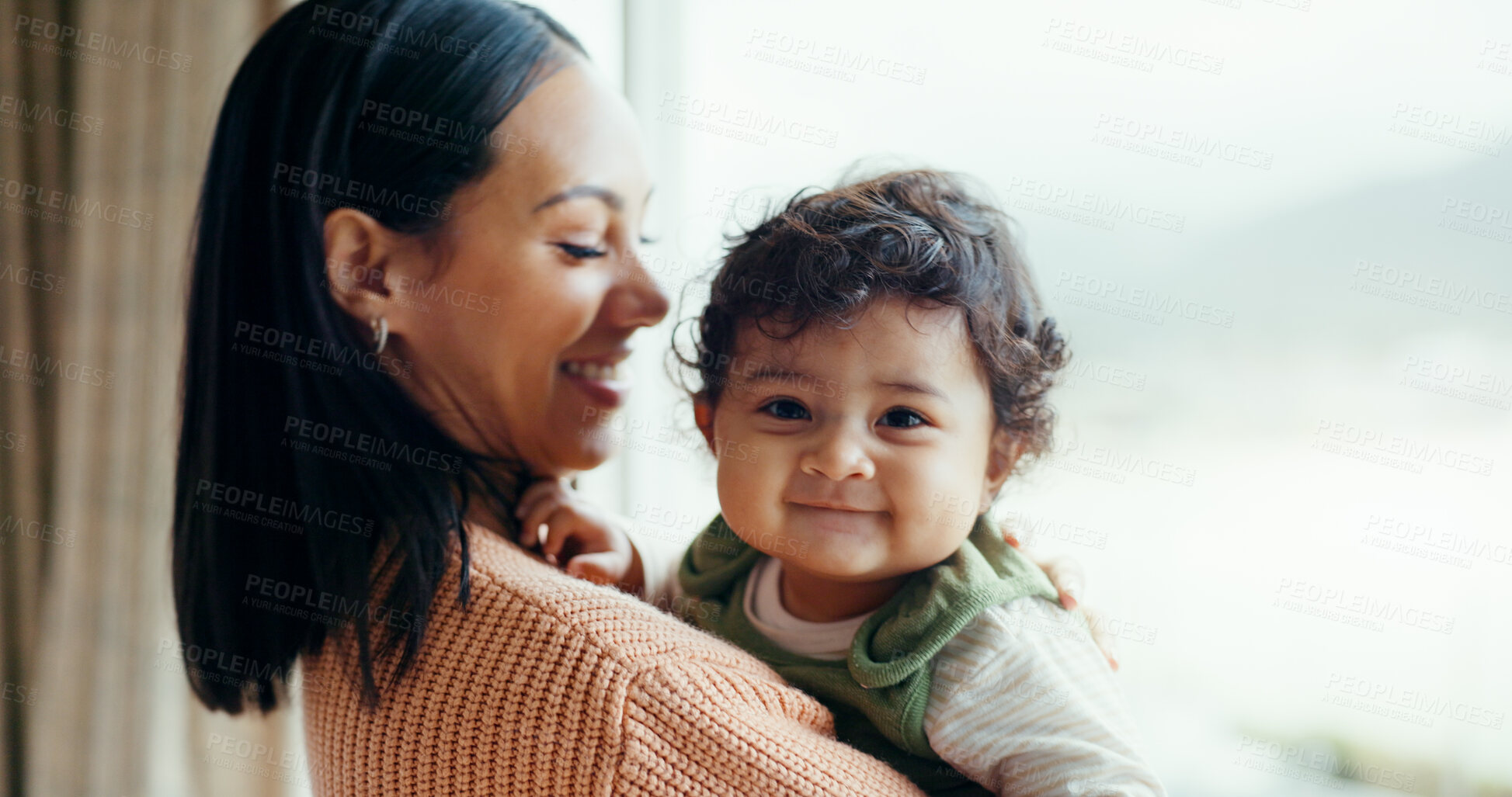 Buy stock photo Home, mother and baby with love, window and care with comfort, happiness and healthy with peace. Portrait, happy mama and child with parent, kid and newborn infant with wellness, playing and bonding