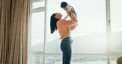 Love, happy and mother with baby in bedroom for playful, relax and free time. Happiness, smile and health with woman and newborn infant in family home apartment for support, excited and youth