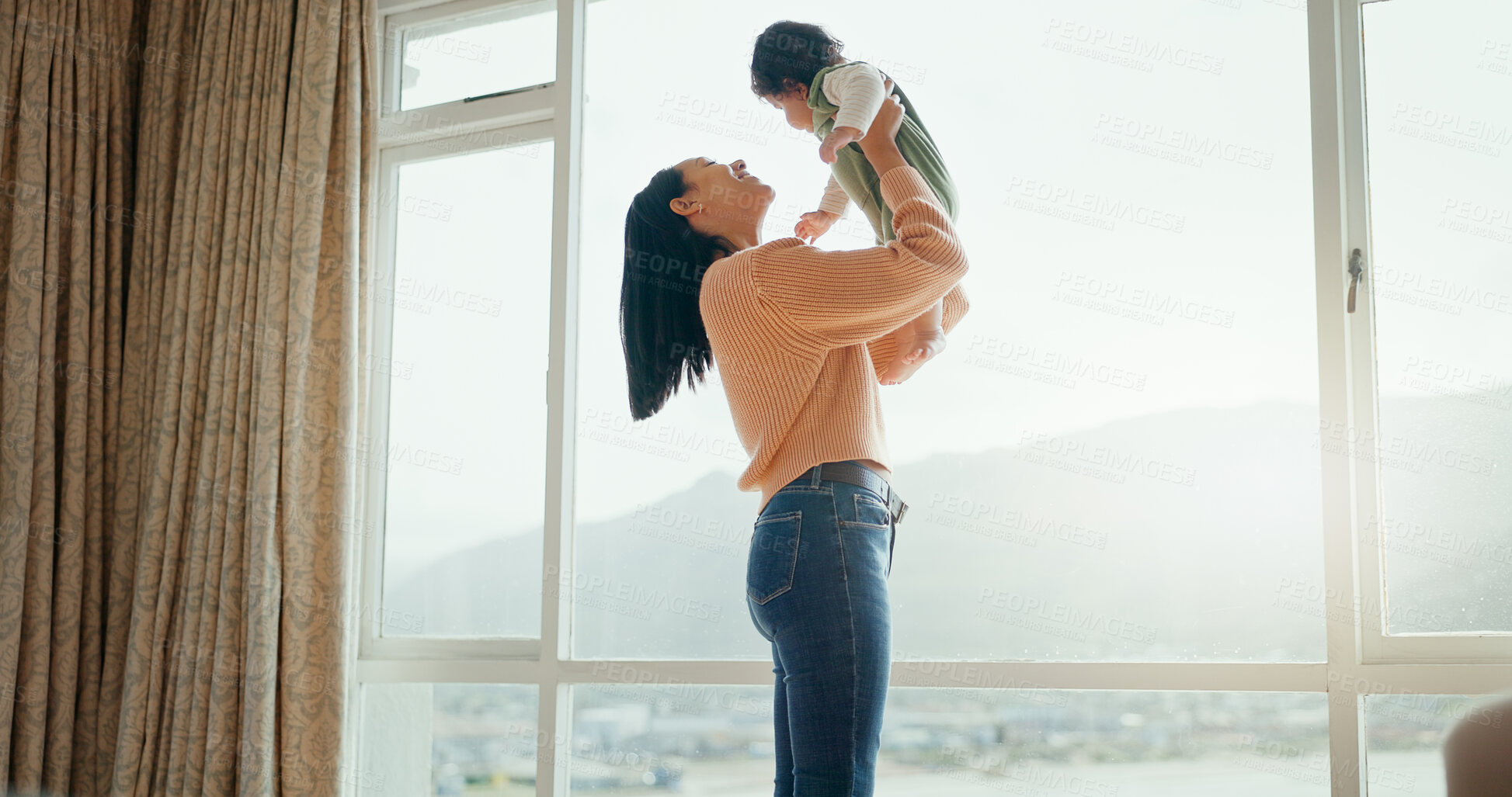 Buy stock photo Love, window and mother with baby in bedroom playing relax or bonding together and parent babysitting. Happiness, hotel and excited mom travel with infant, kid or newborn on holiday or vacation