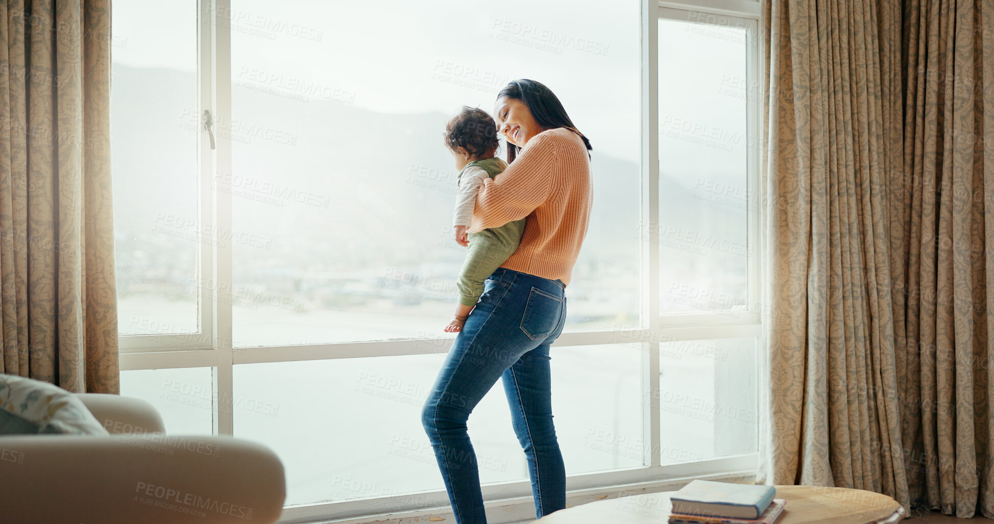 Buy stock photo Love, window and mother travel with baby in bedroom playing, relax or bonding together and parent babysitting. Happiness, hotel and excited mom with infant, kid or newborn on holiday or vacation view