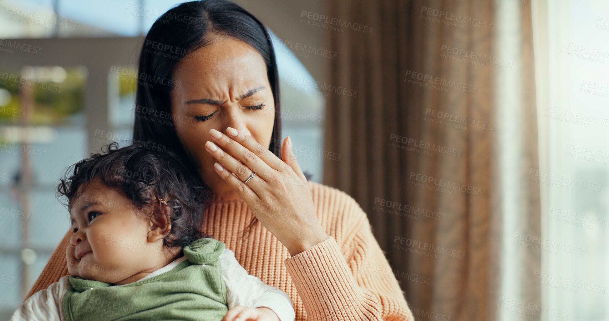 Buy stock photo Family, yawn and tired mother with baby for bonding, quality time and relaxing together at home. New born, motherhood and exhausted mom carry young infant for care, support and affection in bedroom