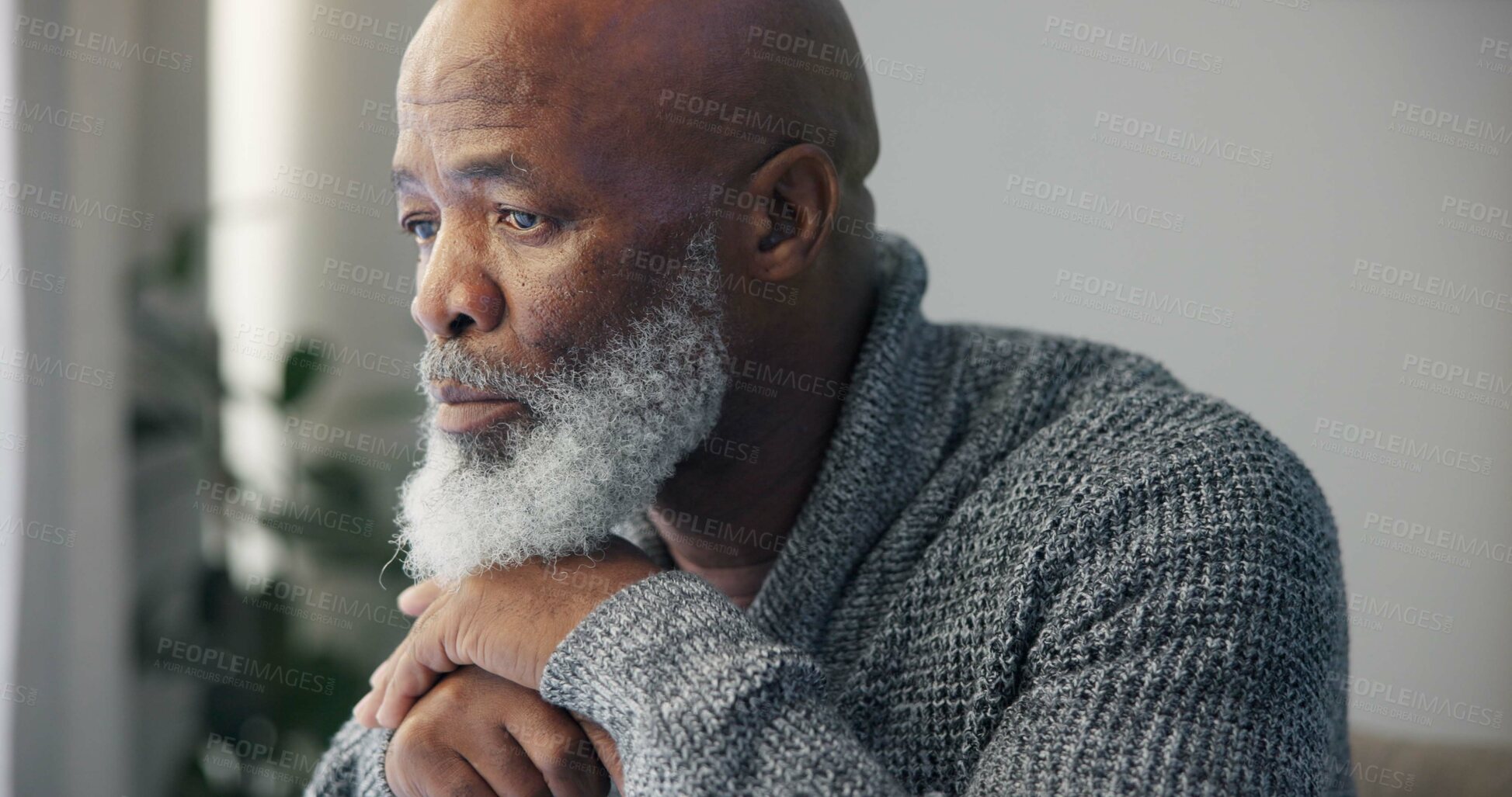 Buy stock photo Depression, sad and senior man at home with mourning and memory with mental health problem. Elderly male person, sorry and anxiety in a house feeling disappointed in retirement with grief and fail