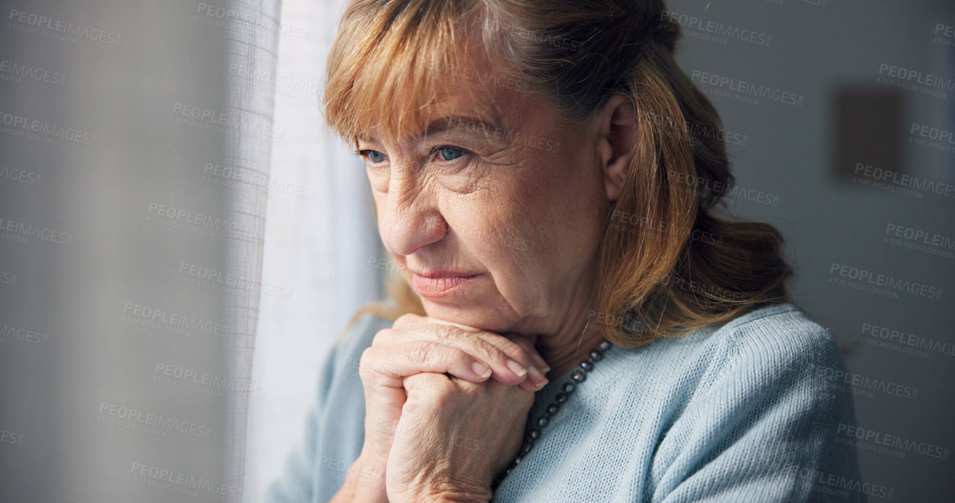 Buy stock photo Depression, thinking and senior woman at home with mourning and memory with mental health problem. Elderly female person, sad and anxiety in a house feeling disappointed in retirement with grief