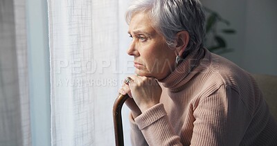Thinking, medical and window with old woman and walking stick in bedroom for wellness, retirement and healthcare. Depression, mental health and nursing home with patient with a disability for support