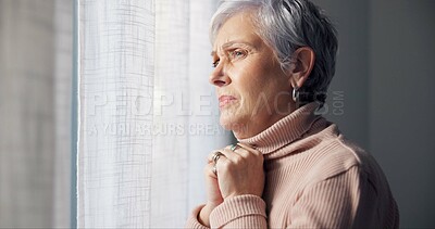 Depression, sad and senior woman in home with mourning and memory with mental health problem. Elderly female person, sorry and anxiety in house feeling disappointed in retirement with grief and fail