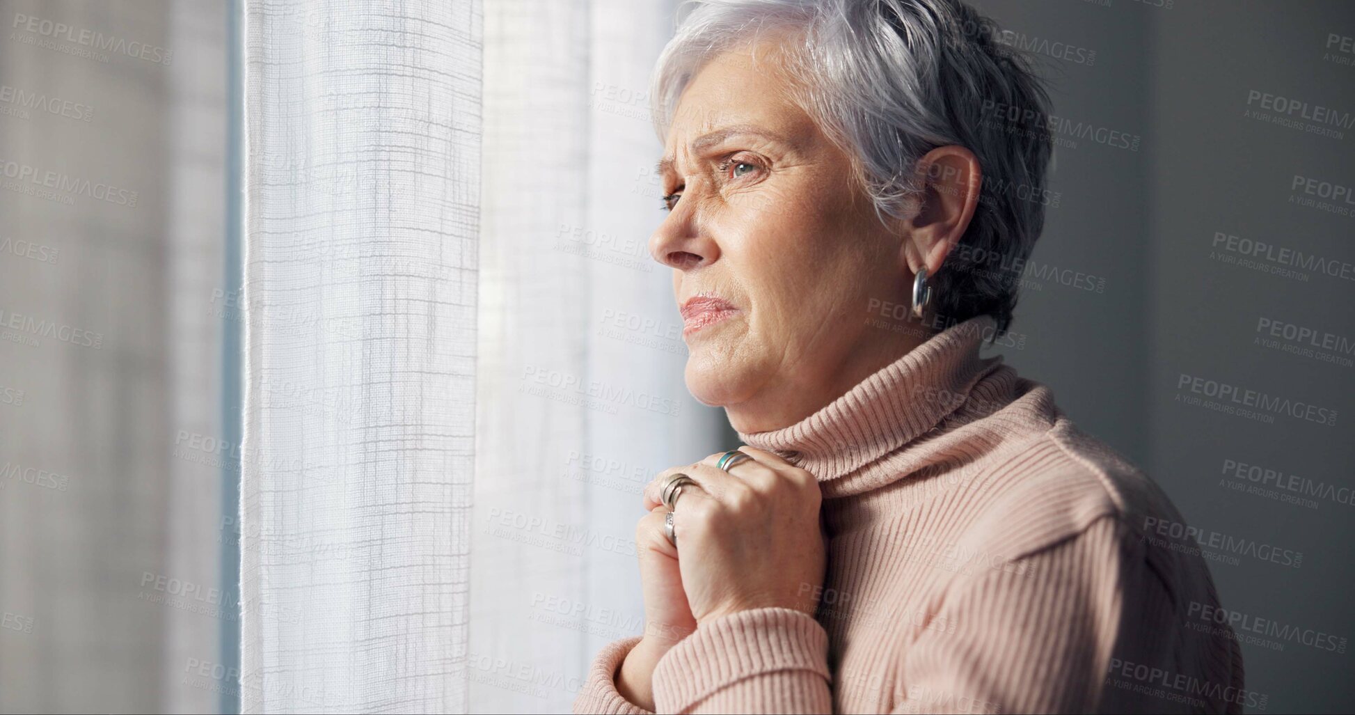 Buy stock photo Depression, sad and senior woman in home with mourning and memory with mental health problem. Elderly female person, sorry and anxiety in house feeling disappointed in retirement with grief and fail