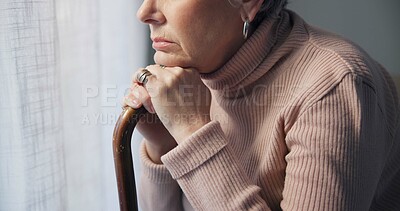 Thinking, window and hands of old woman and walking stick in bedroom for wellness, retirement and healthcare. Depression, mental health and nursing home with closeup of patient with a disability