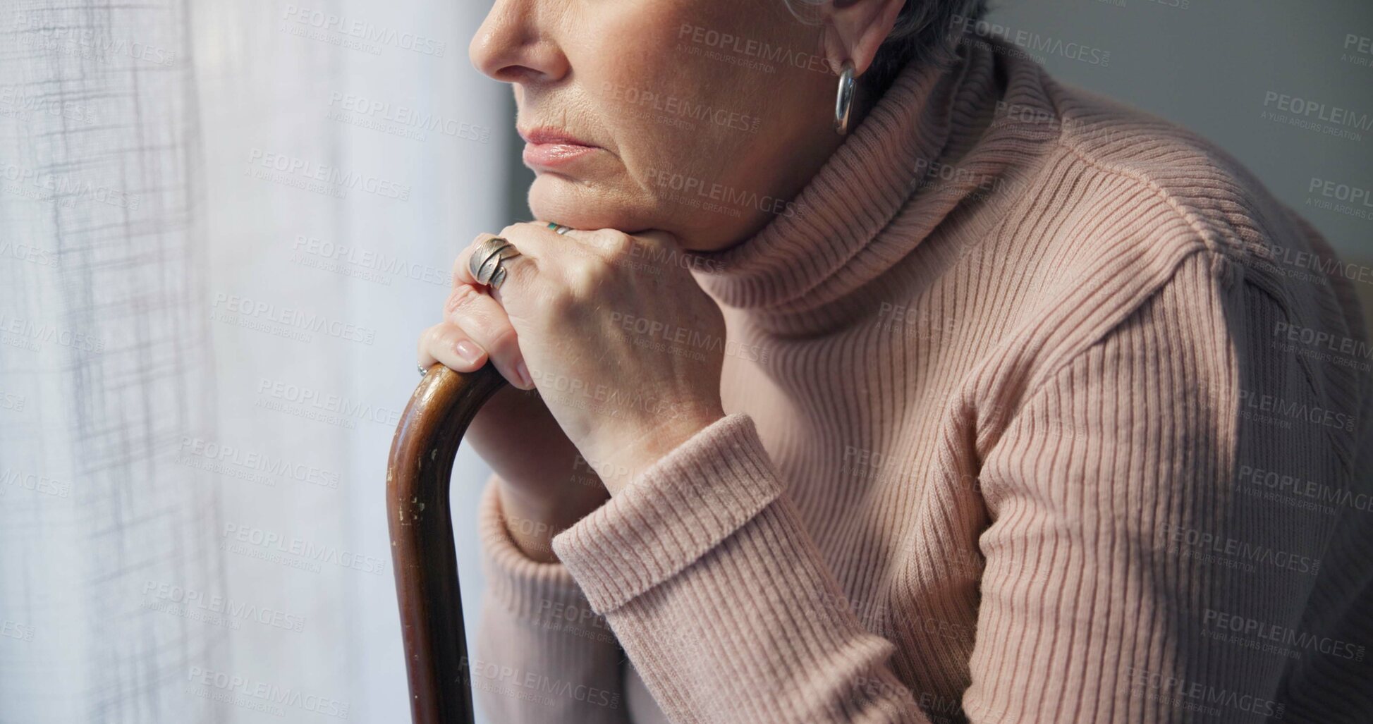 Buy stock photo Thinking, window and hands of old woman and walking stick in bedroom for wellness, retirement and healthcare. Depression, mental health and nursing home with closeup of patient with a disability