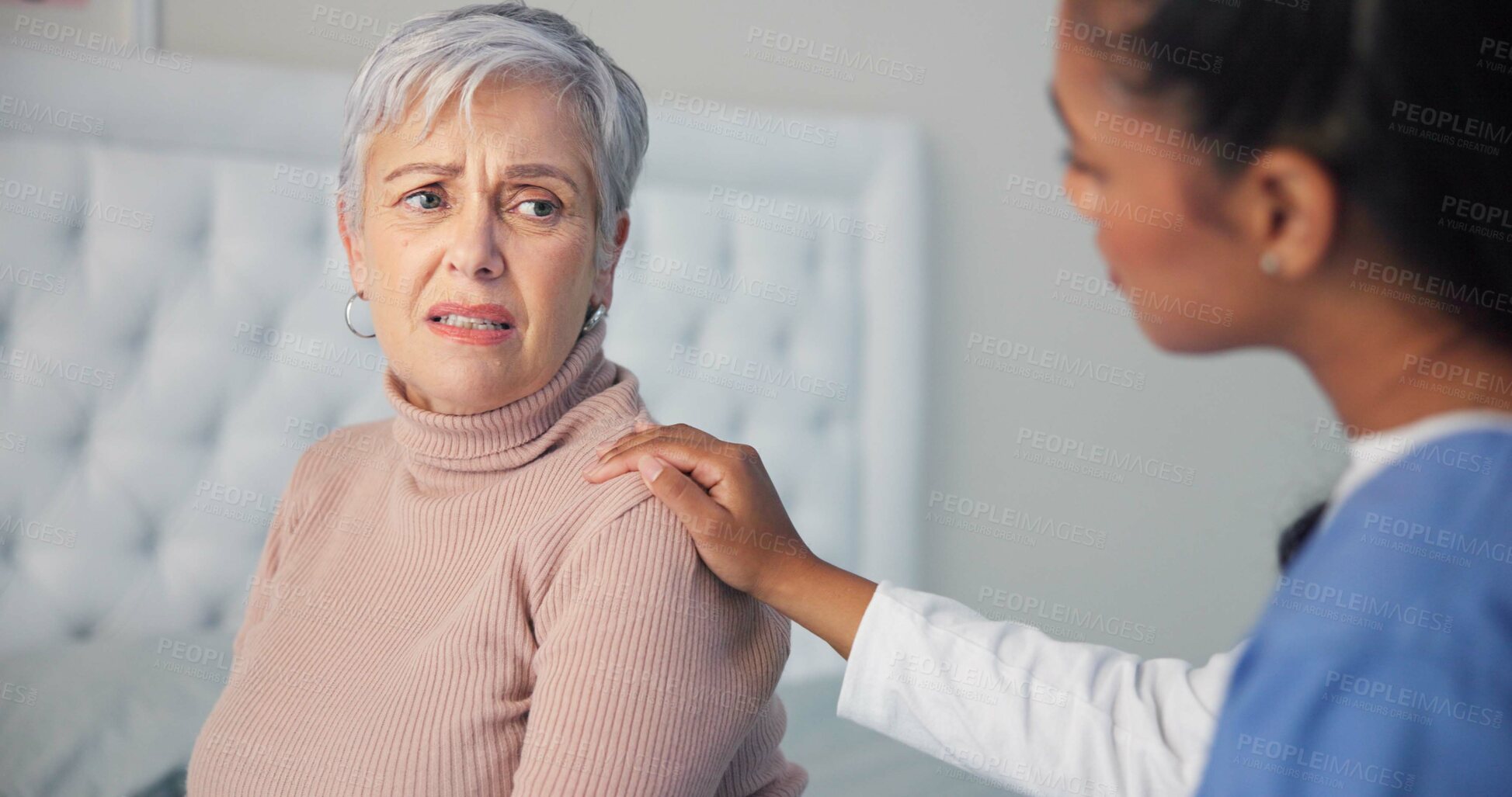 Buy stock photo Empathy, comfort and nurse with a senior woman after a cancer diagnosis in retirement home. Healthcare, consultation and sad elderly female patient listening to doctor at medical checkup in bedroom.