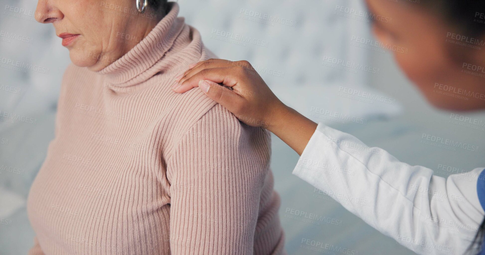 Buy stock photo Comfort, sympathy and closeup of a nurse hand on a woman after a cancer diagnosis in retirement home. Healthcare, consultation and elderly female patient with a doctor at medical checkup in bedroom.