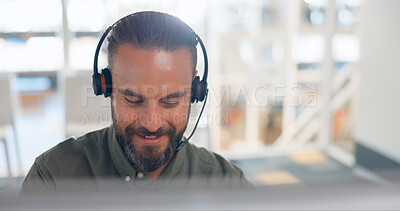 Man, consultant and call center for telemarketing, customer support or service and advice at the office. Male consulting agent in contact us with headset on computer for online assistance or help