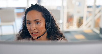 Contact us, telemarketing and crm, woman at customer service agency with headset in advisory office. Happy to help, call center agent or sales consultant on phone call, support and consulting online.