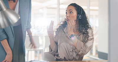 Interrupt, talking and woman in discussion for a call center, telemarketing help and online support. Advice, contact us and customer service agent finishing a consultation with a coworker waiting