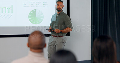 Presentation, business man and hands for question in audience during training workshop and finance talk. Speaker, coach or leader for knowledge, budget or growth analysis meeting on screen for faq