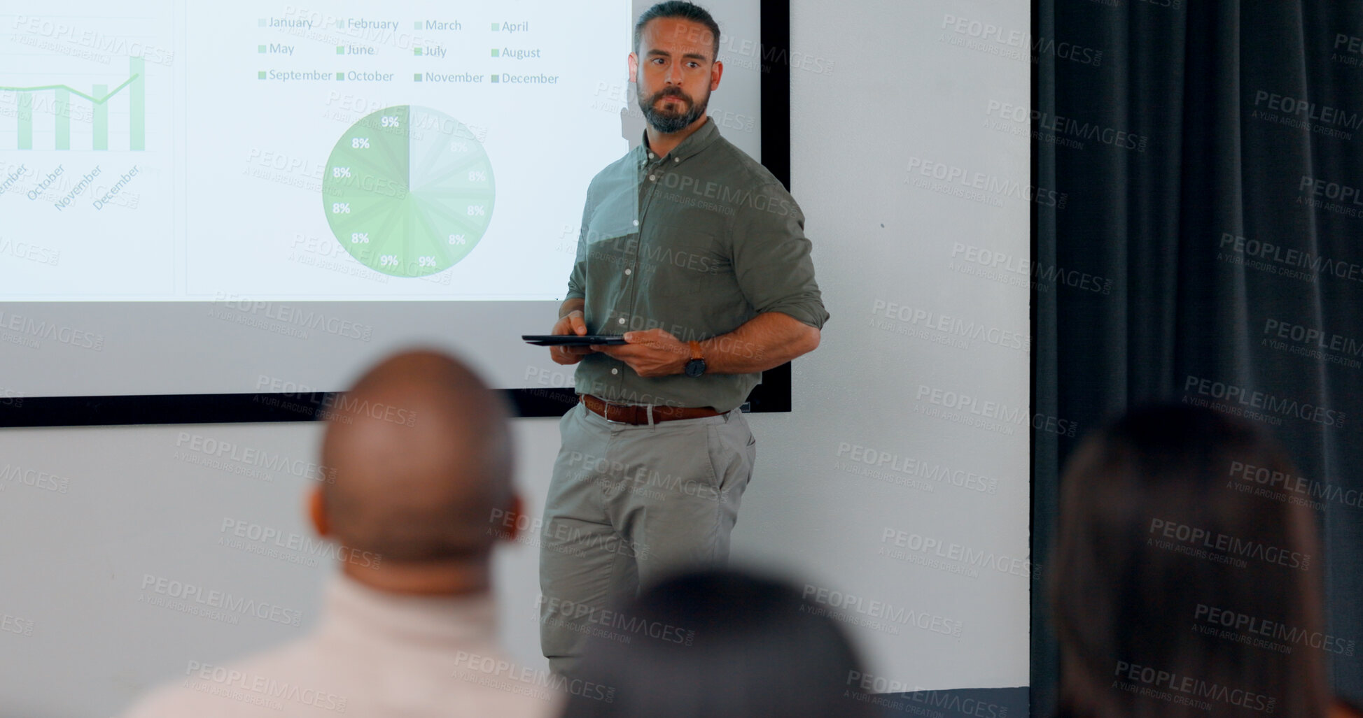Buy stock photo Finance, presentation and a business man coaching a workshop in the conference room of a workplace. Management, meeting and about us with a confident employee talking about our vision in the office