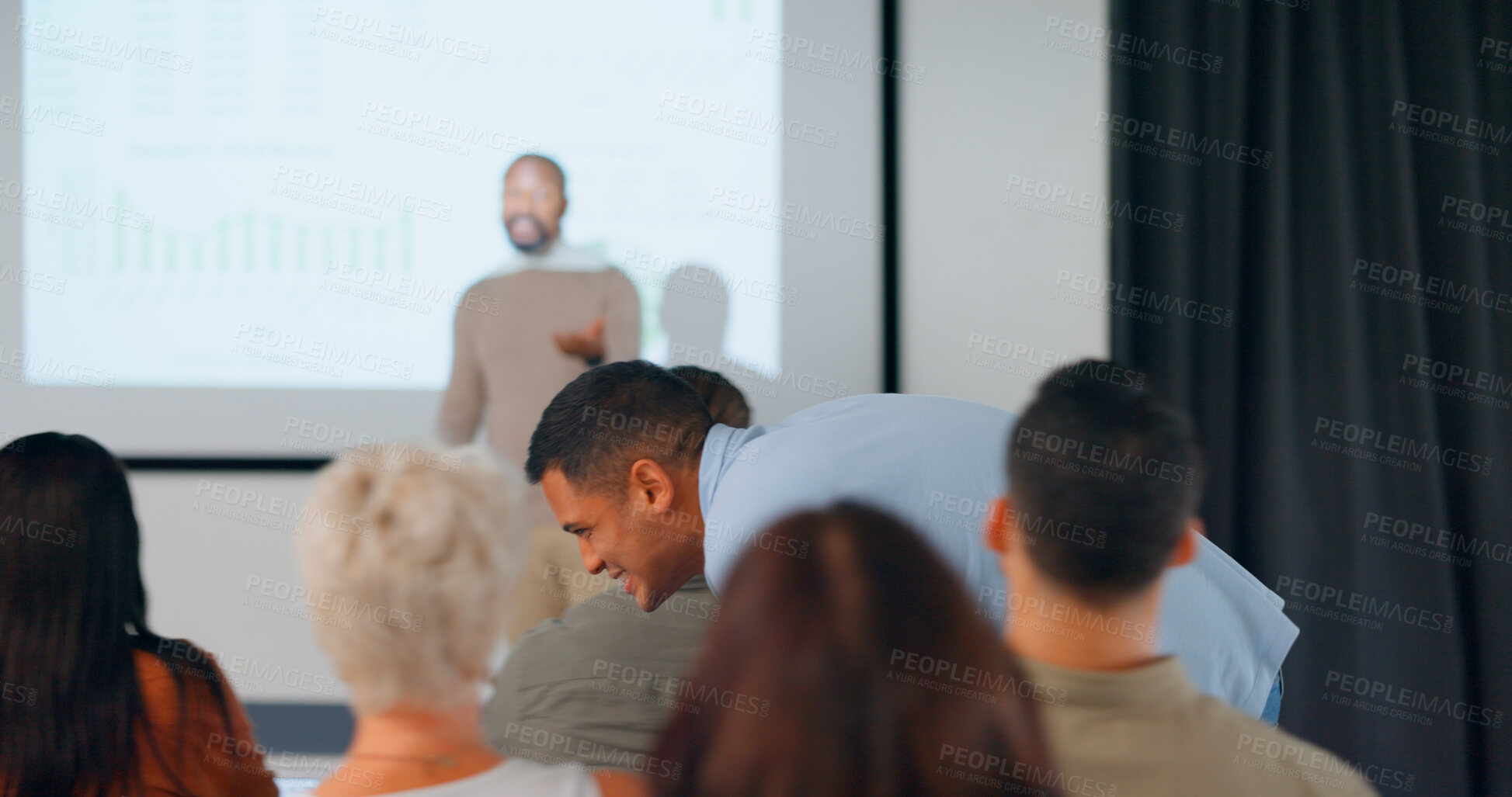 Buy stock photo Conference, presentation and man whisper in audience of training workshop, entrepreneur training and seminar. Business, people and speaker or coach share knowledge, information or strategy in meeting