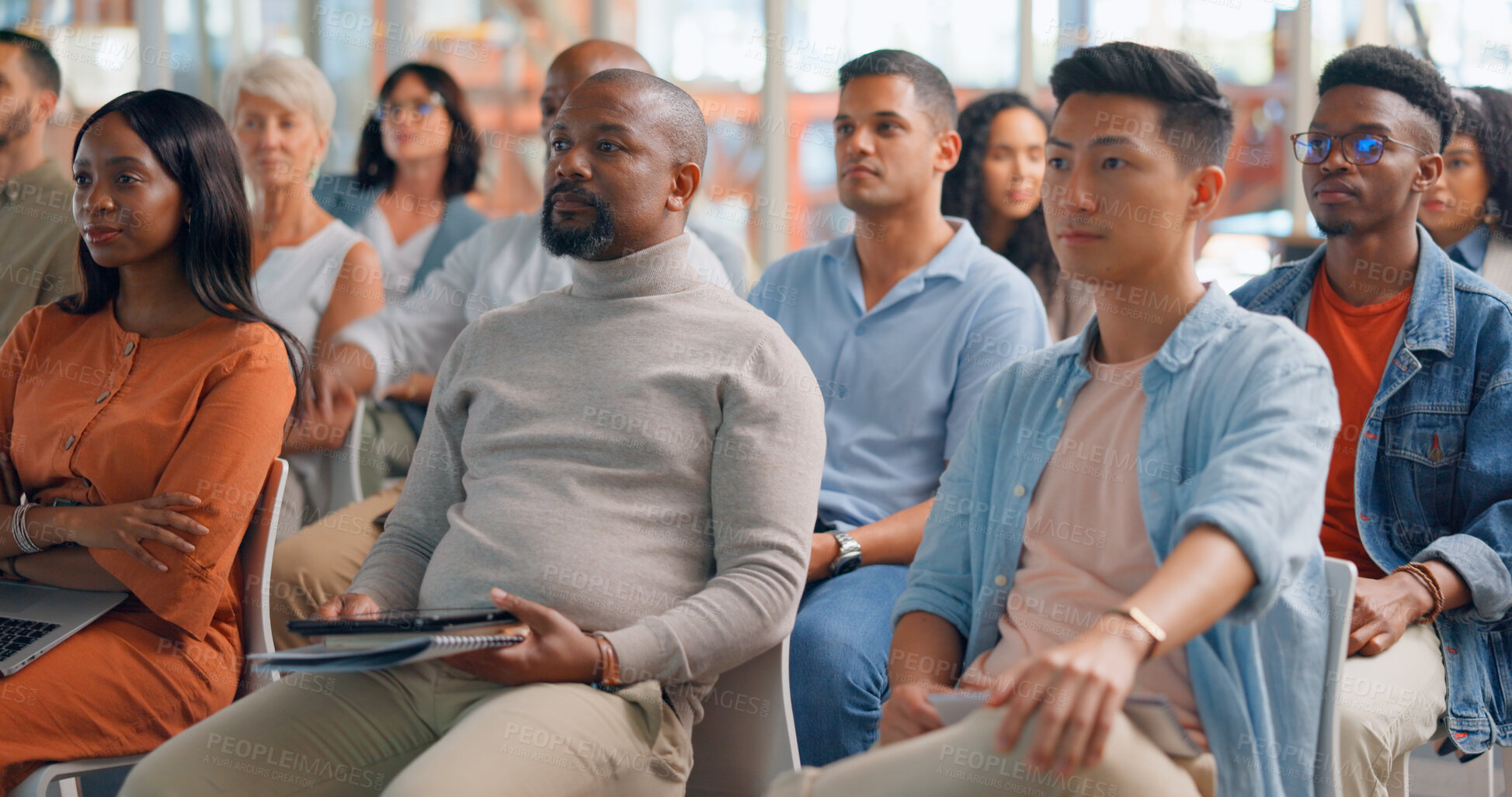 Buy stock photo Business people, learning and seminar for training, workshop and listening to presentation. Conference, audience and crowd with diversity, coaching or attention on meeting, convention and event