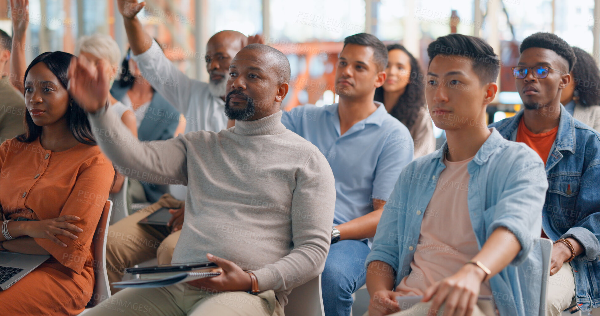 Buy stock photo Audience, hand raised and question in seminar for presentation, convention and workshop for employees. People, faq and vote or asking in conference, team building and diversity in company in training