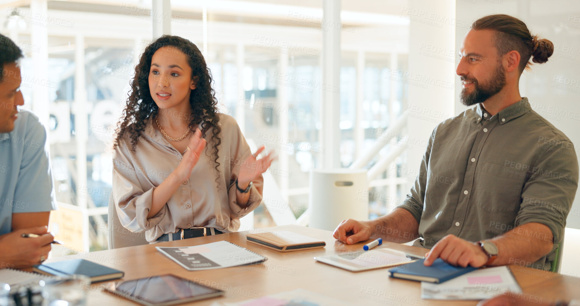 Buy stock photo Meeting, planning and business people in the office for working on a creative project in collaboration. Teamwork, diversity and group of designers in discussion for brainstorming in modern workplace.