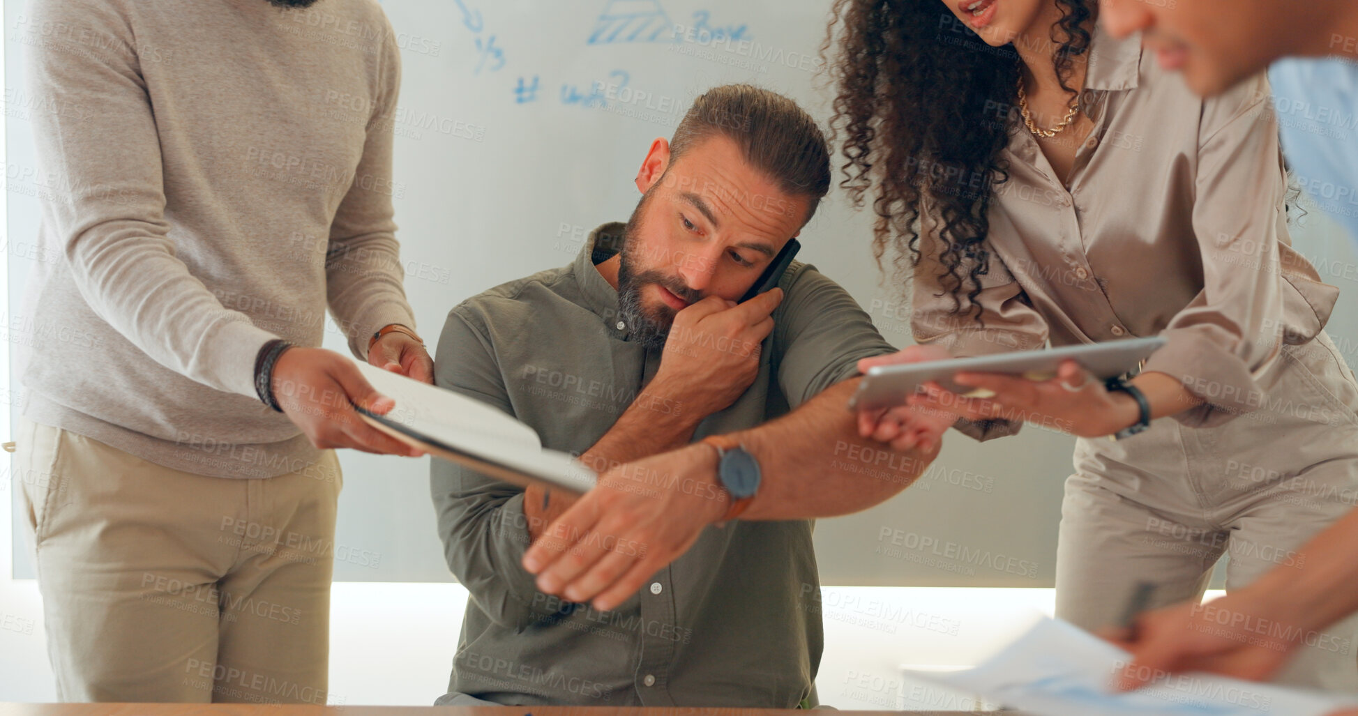 Buy stock photo Phone call, multitasking and man with workflow crisis, business and conversation with planning, deadline and admin. People, manager and employees with chaos, schedule and staff in a workplace