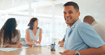 Business, office and man with smile at meeting or workshop for strategy, planning and performance report. Team leader, collaboration and diversity, happy businessman at table at advertising agency.