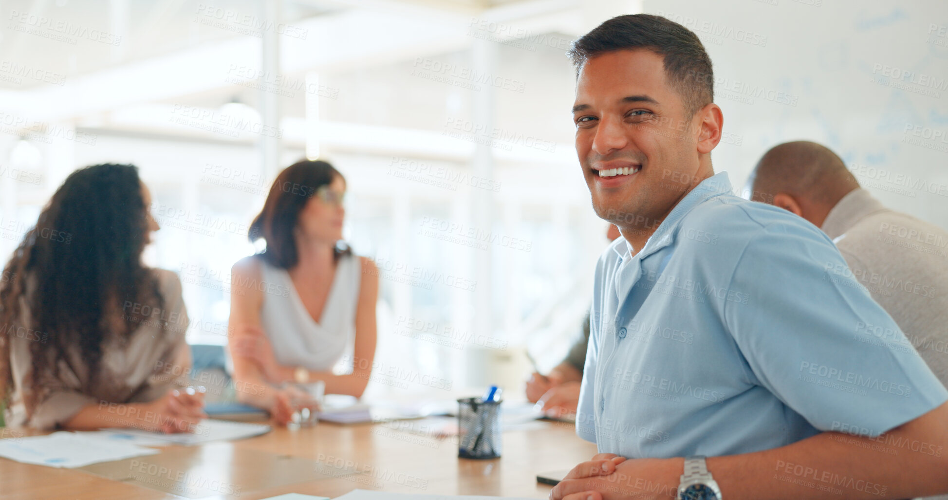 Buy stock photo Meeting, conversation and portrait of businessman in office for working on a creative project in collaboration. Teamwork, diversity and face of male designer with colleagues for planning in workplace