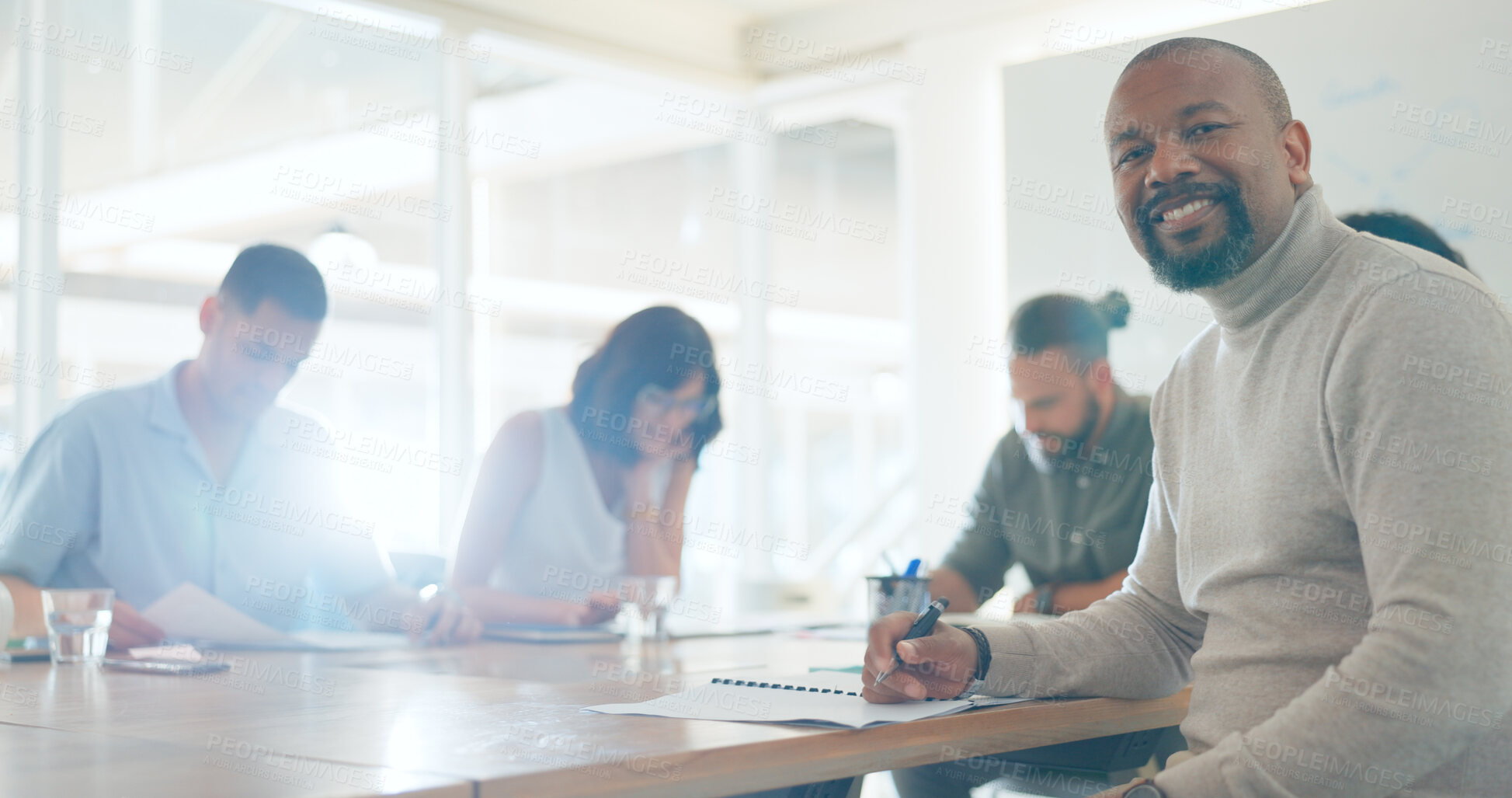 Buy stock photo Meeting, collaboration and portrait of businessman in office for working on a creative project together. Teamwork, diversity and face of male designer with colleagues for planning in workplace.