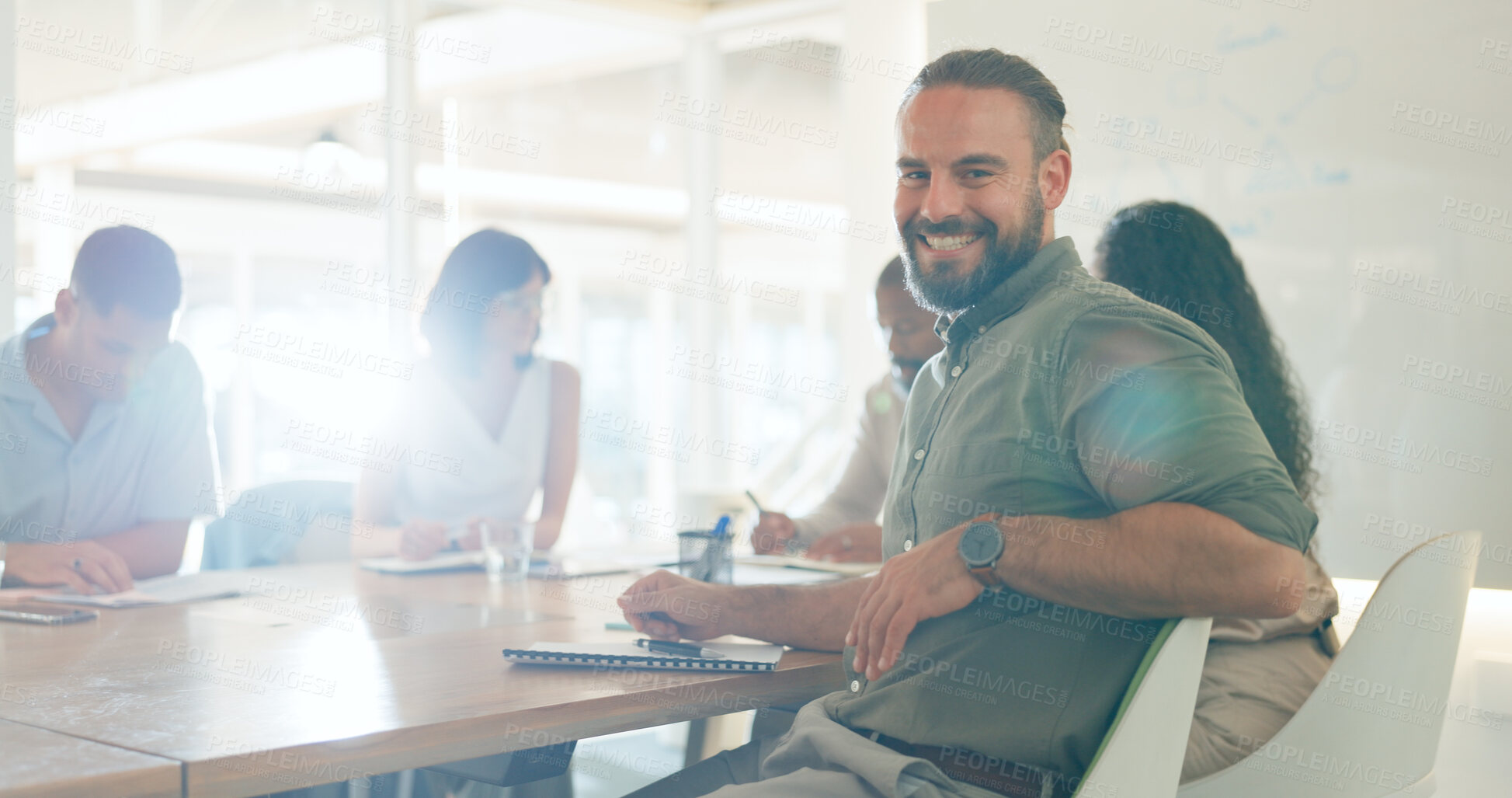 Buy stock photo Meeting, discussion and portrait of businessman in office for working on a creative project in collaboration. Teamwork, diversity and face of male designer with colleagues for planning in workplace.