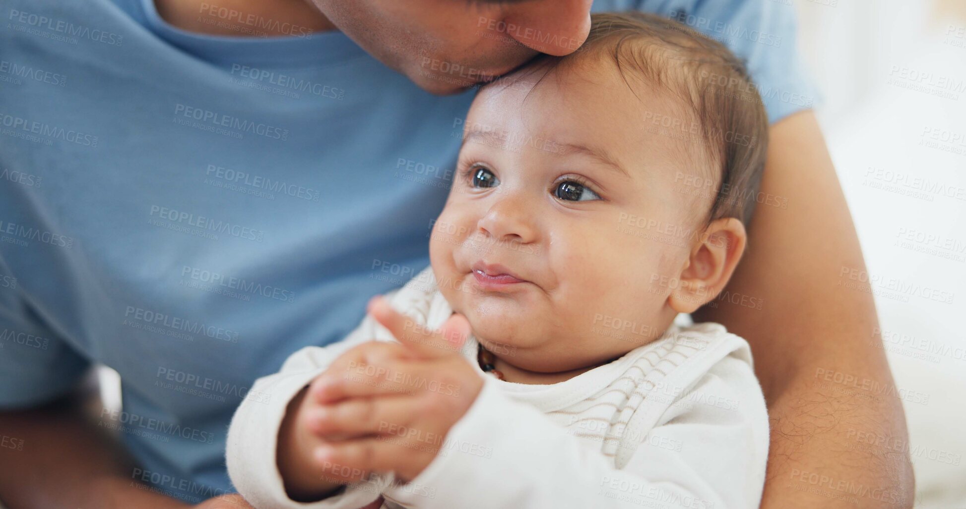 Buy stock photo Father, baby and kiss in home for love, care and affection, bonding together and cute. Dad, newborn and smooch kid, infant or toddler, relax and enjoying quality family time with parent in house.