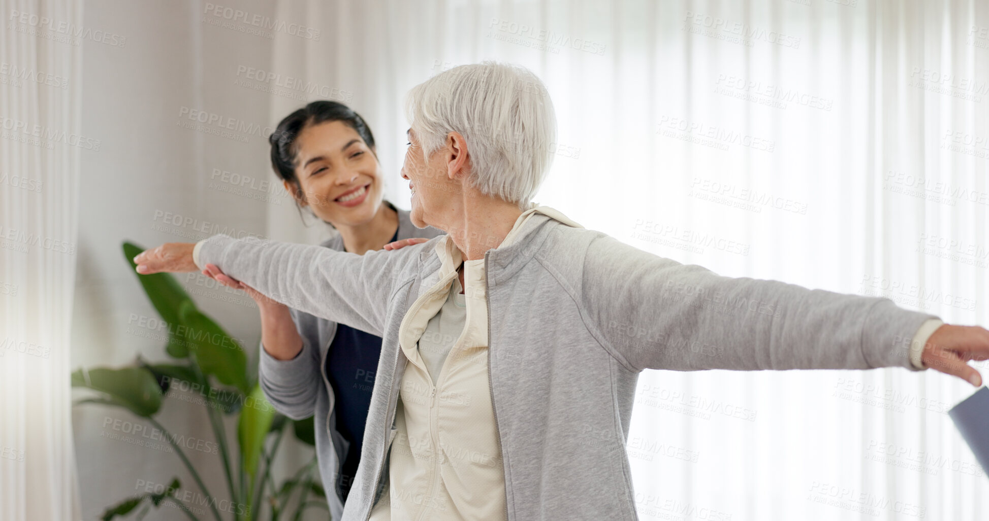 Buy stock photo Consultation, physical therapy or elderly woman stretching with nurse in a medical clinic or rehabilitation center. Chiropractor, senior patient and exercise with physiotherapist at checkup or smile