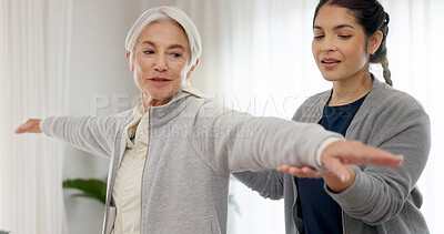 Buy stock photo Consultation, physiotherapy and elderly woman stretching with nurse in a medical clinic or rehabilitation center. Chiropractor, senior patient and workout with physiotherapist at checkup or smile