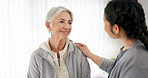 Consultation, physical therapy and senior woman with a nurse in a medical clinic or rehabilitation center. Healthcare, wellness and elderly female patient talking to a physiotherapist at a checkup.