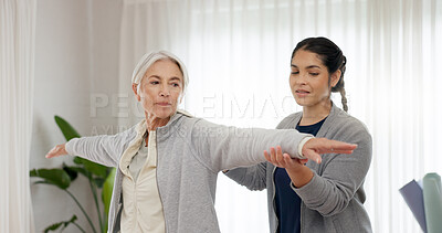 Buy stock photo Consultation, physical therapy and senior woman stretching with a nurse in medical clinic or rehabilitation center. Healthcare, elderly patient or physio consulting for wellness with physiotherapist