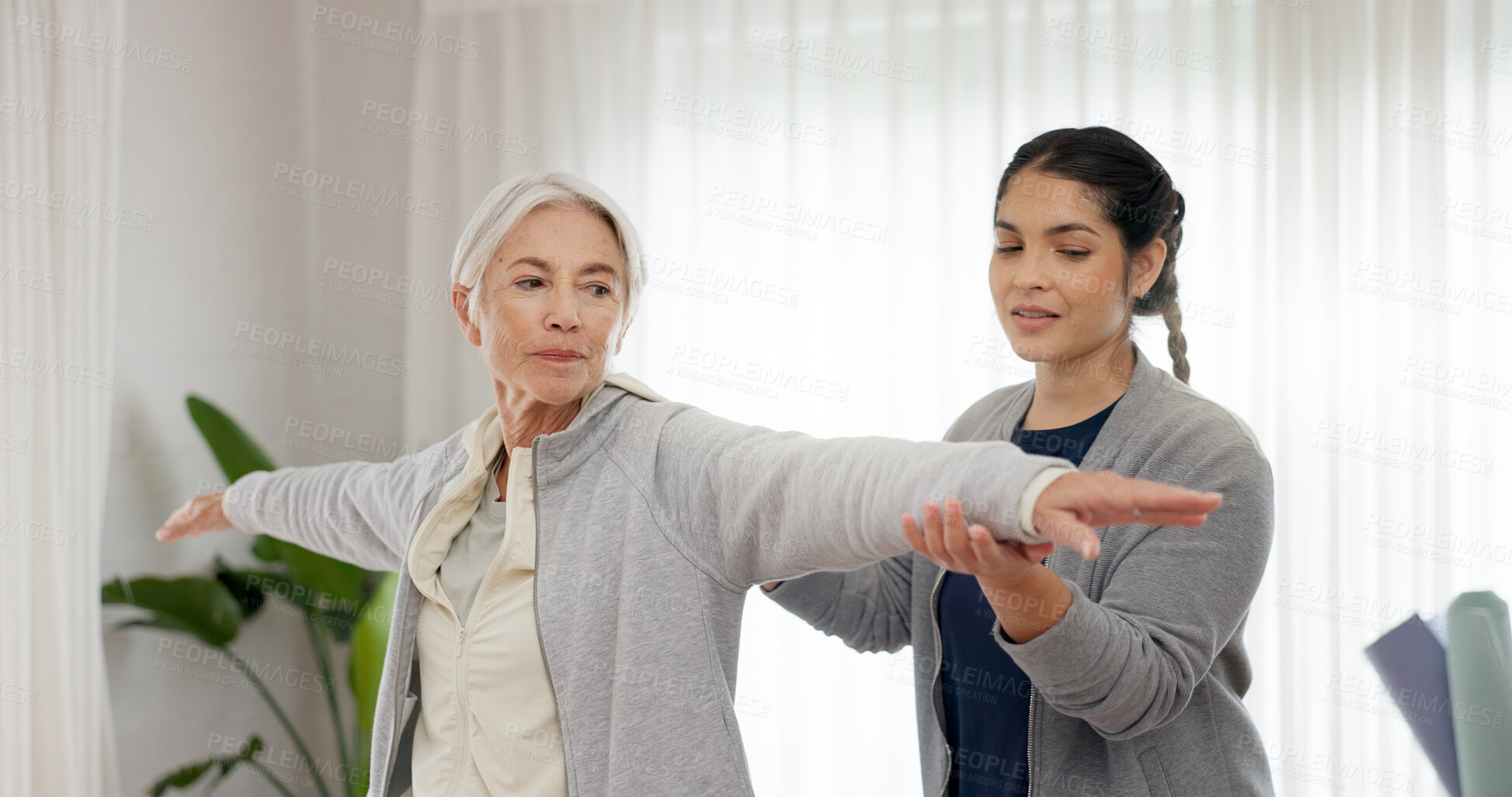 Buy stock photo Consultation, physical therapy and senior woman stretching with a nurse in medical clinic or rehabilitation center. Healthcare, elderly patient or physio consulting for wellness with physiotherapist